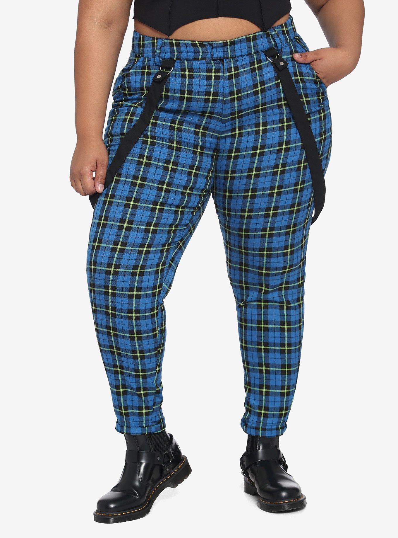 Blue & Green Plaid Suspender Pants Plus Size, PLAID, hi-res