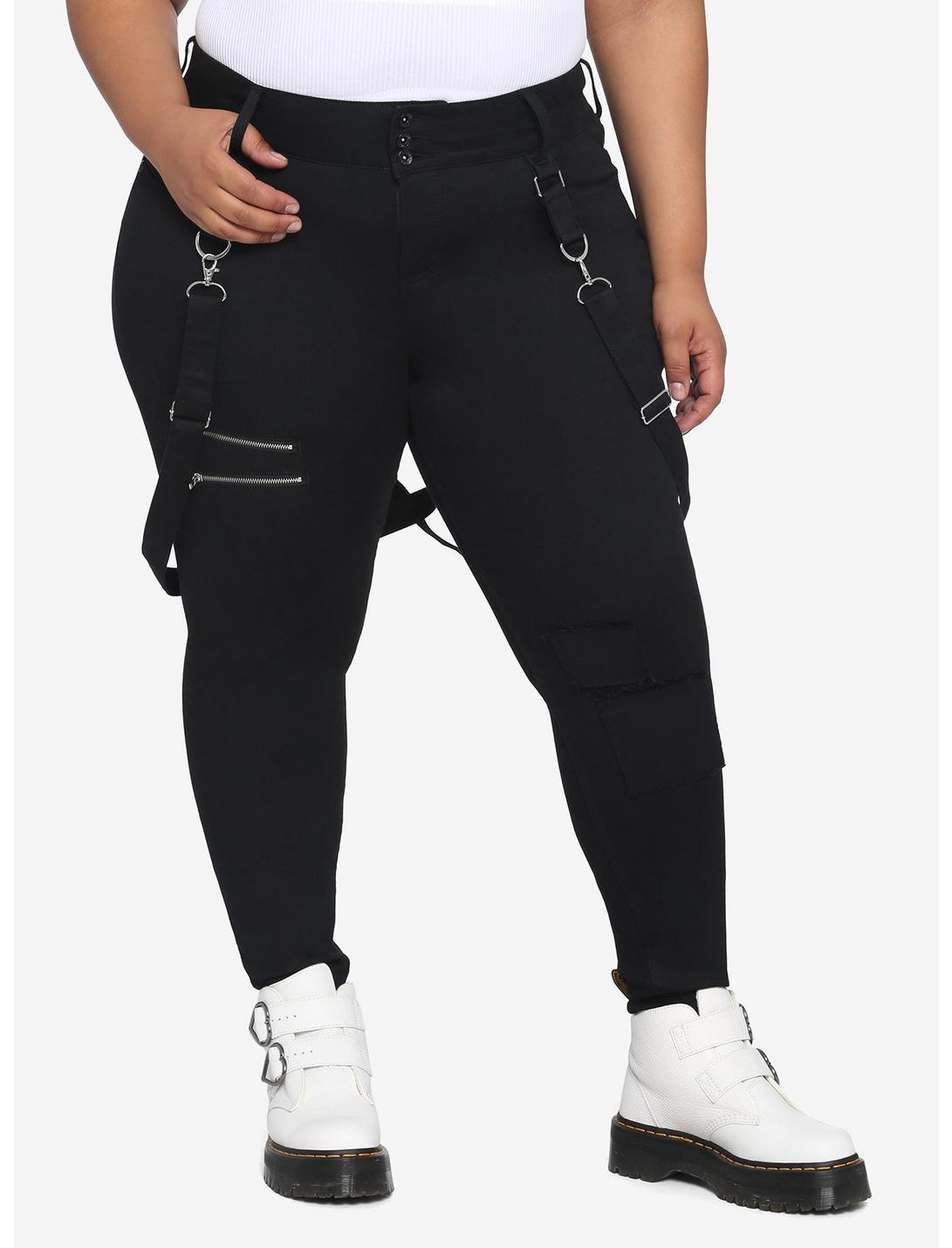 HT Denim Black Suspender Super Skinny Jeans Plus Size, BLACK, hi-res