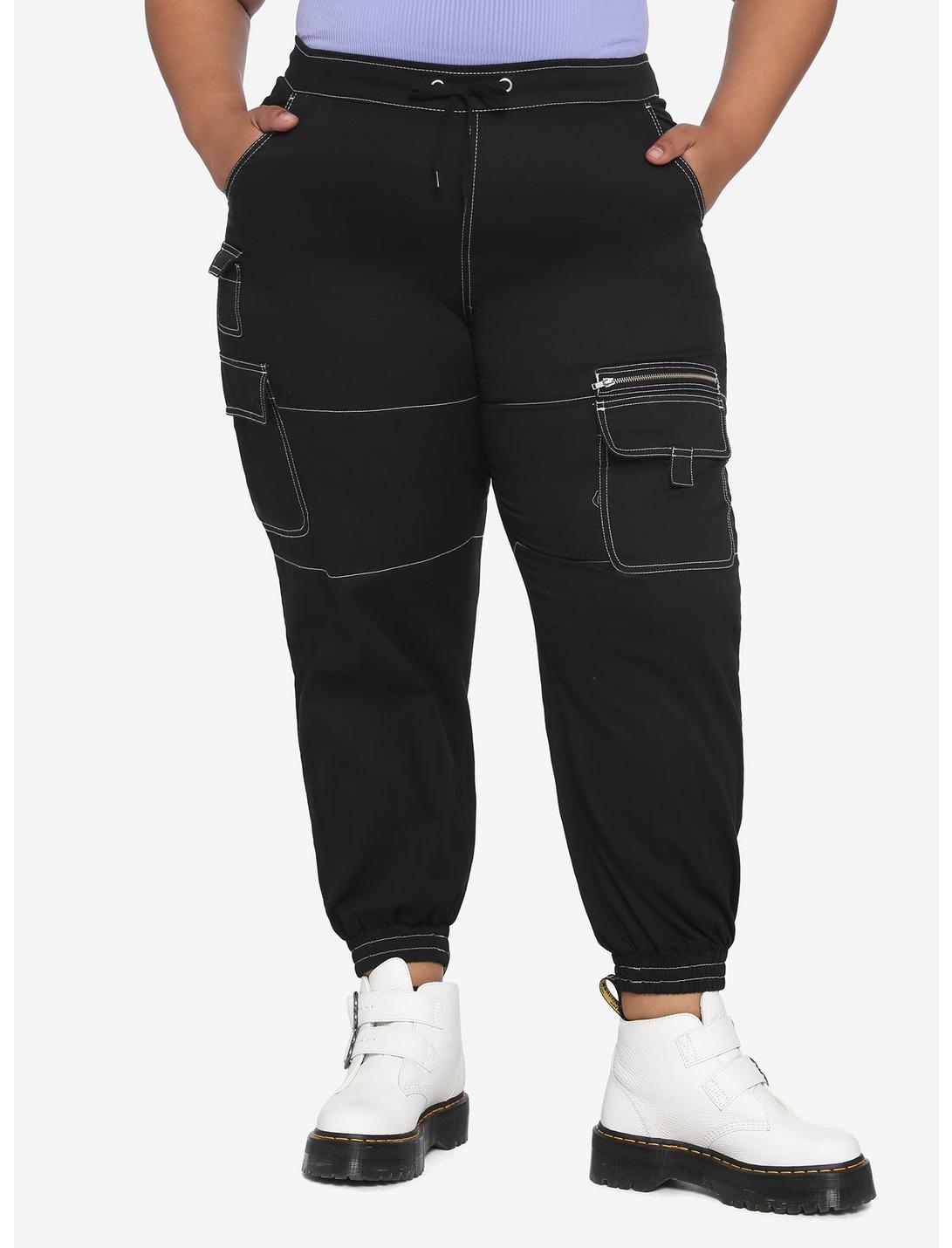 HT Denim Black Contrast Stitch Cargo Jogger Pants Plus Size, BLACK, hi-res
