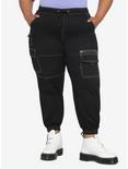 HT Denim Black Contrast Stitch Cargo Jogger Pants Plus Size, BLACK, hi-res
