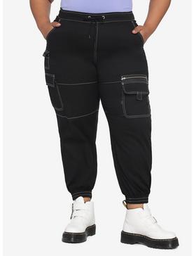 HT Denim Black Contrast Stitch Cargo Jogger Pants Plus Size, , hi-res