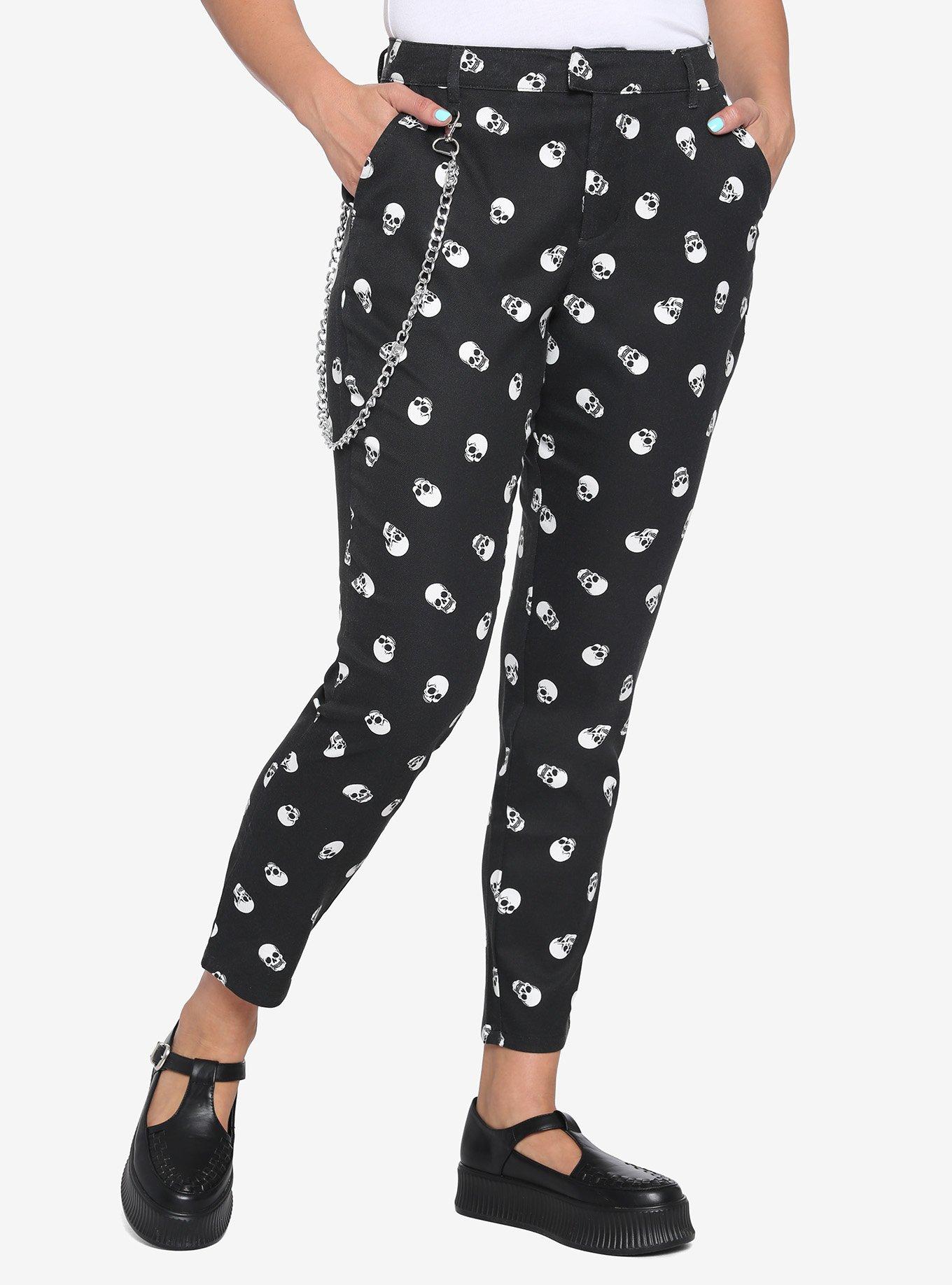 HT Denim Skull Print Pants With Detachable Chain, BLACK, hi-res