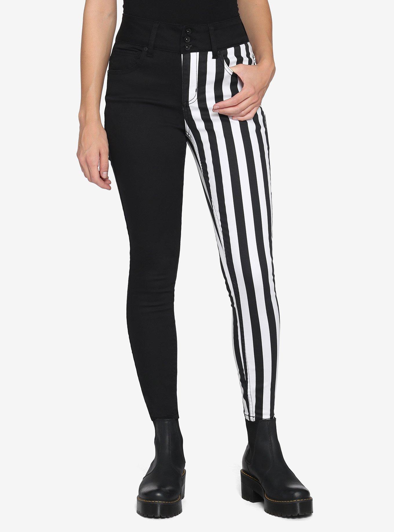 Black & White Stripe Split Leg Skinny Jeans | Hot Topic