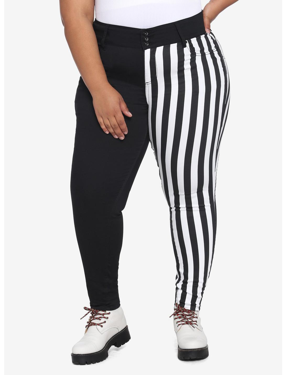 Black & White Stripe Split Leg Skinny Jeans Plus Size, MULTI, hi-res