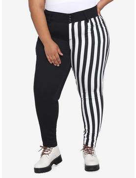 Black & White Stripe Split Leg Skinny Jeans Plus Size, , hi-res
