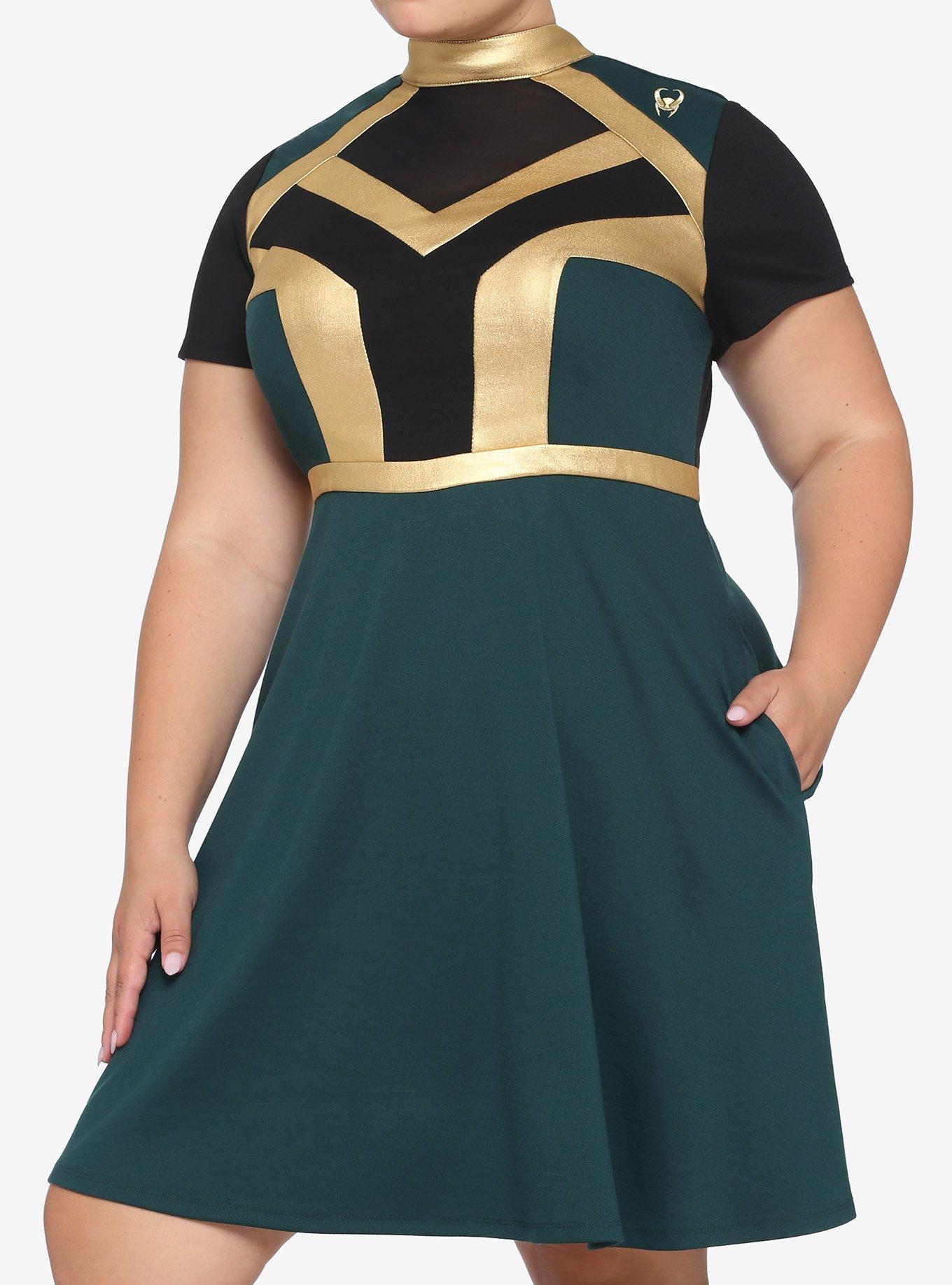 Her Universe Marvel Loki Mock Neck Mesh Inset Panel Dress Plus Size, MULTI, hi-res