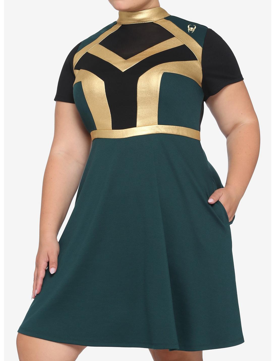 Her Universe Marvel Loki Mock Neck Mesh Inset Panel Dress Plus Size, MULTI, hi-res