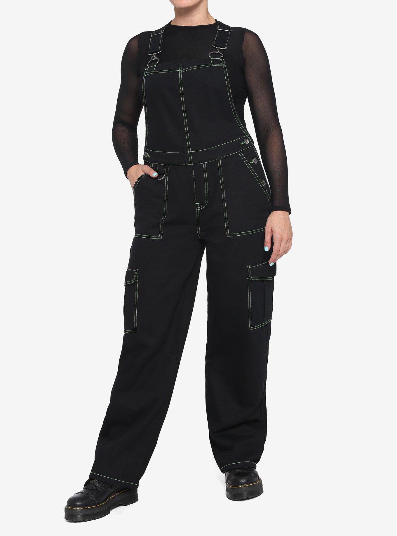 Black & Green Stitch Carpenter Overalls, BLACK, hi-res