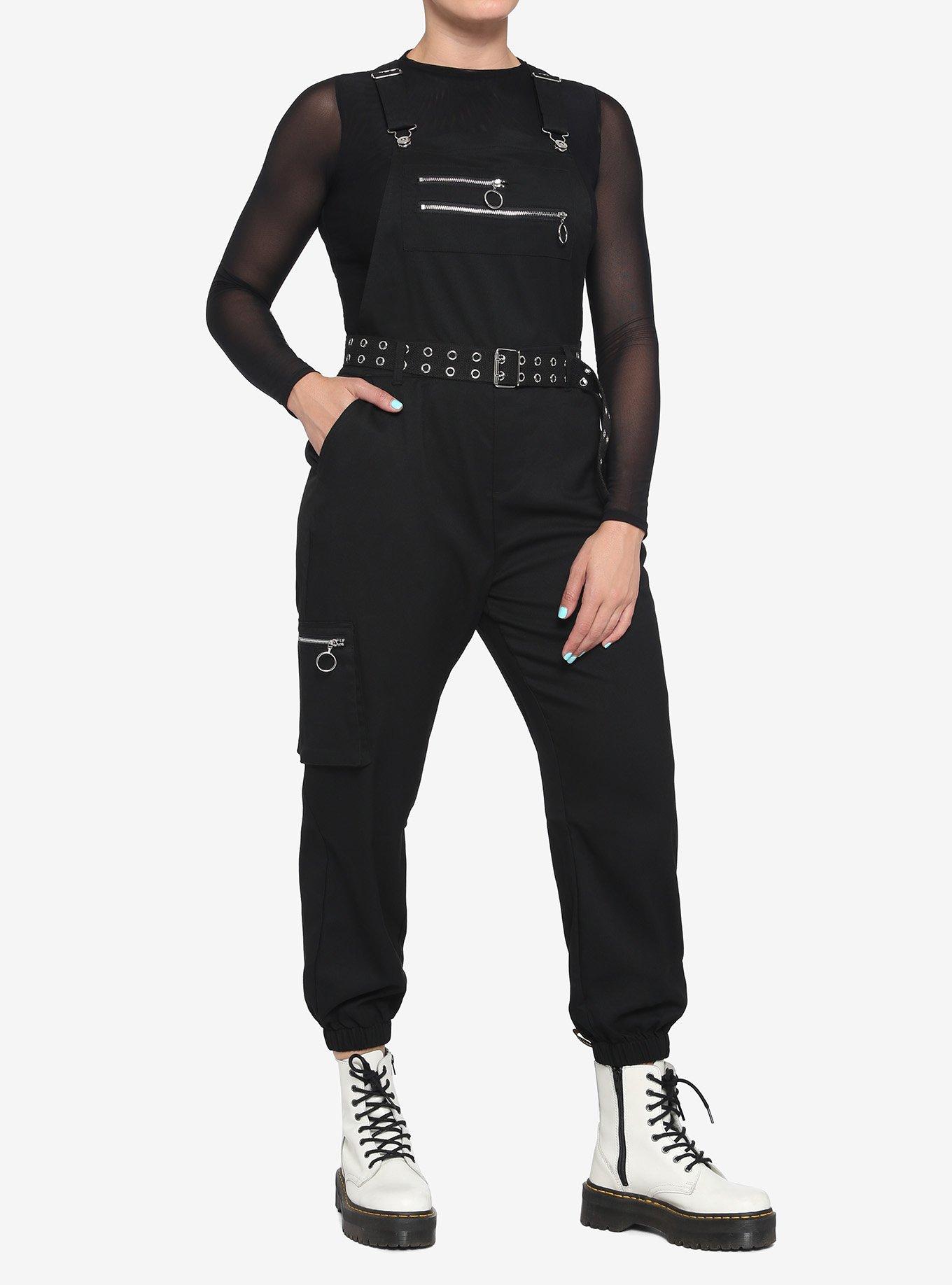 Black Grommet Belt Overalls, BLACK, hi-res