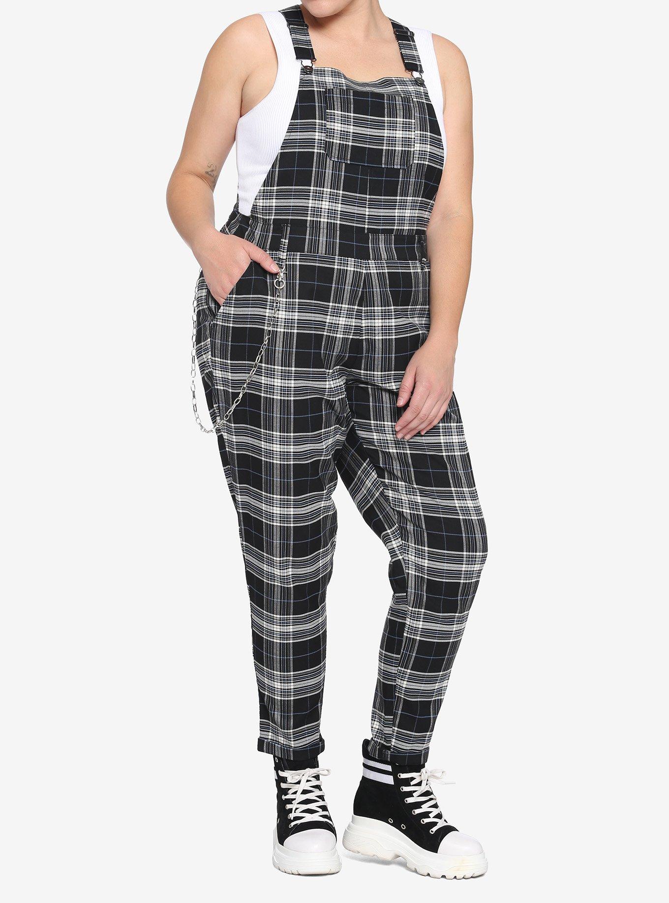 Black & White Plaid Overalls Plus Size, PLAID, hi-res