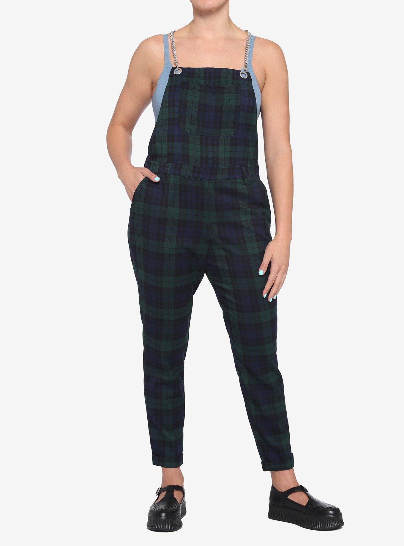 Green Plaid Chain Strap Overalls, PLAID, hi-res