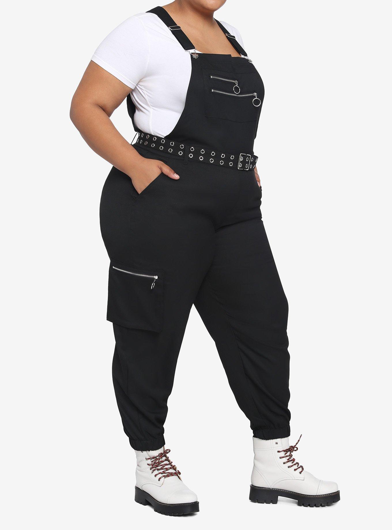 Black Grommet Belt Overalls Plus Size, BLACK, hi-res