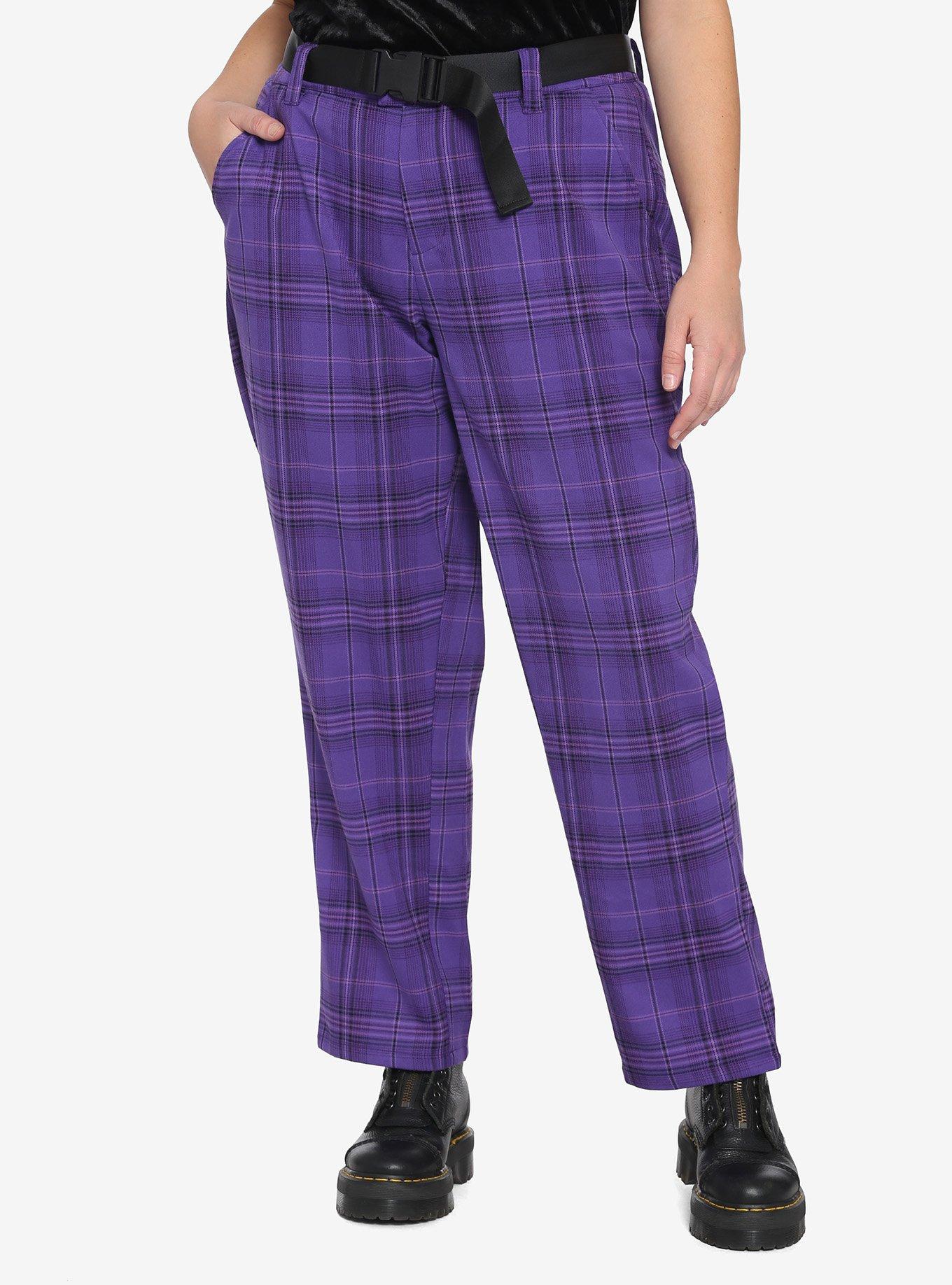 HT Denim Purple Plaid Straight-Leg Pants With Buckle Belt Plus Size, PLAID, hi-res