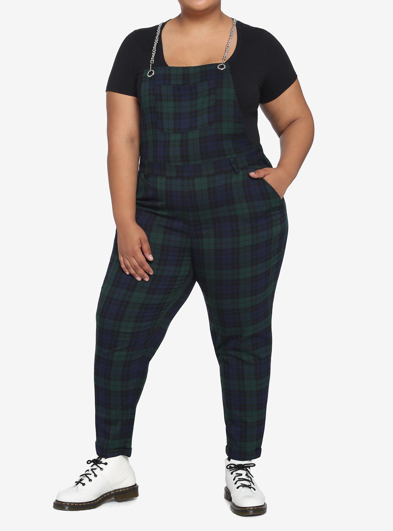 Green Plaid Chain Strap Overalls Plus Size, PLAID, hi-res