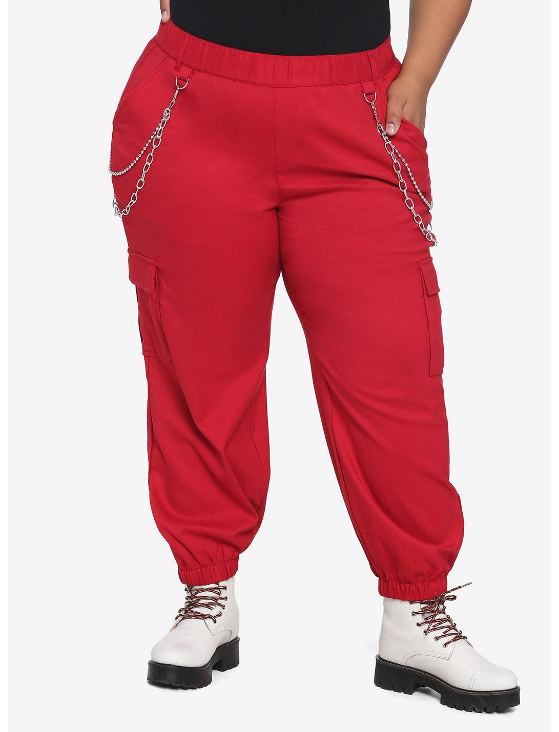 Red Chain Hardware Cargo Jogger Pants Plus Size, RED, hi-res
