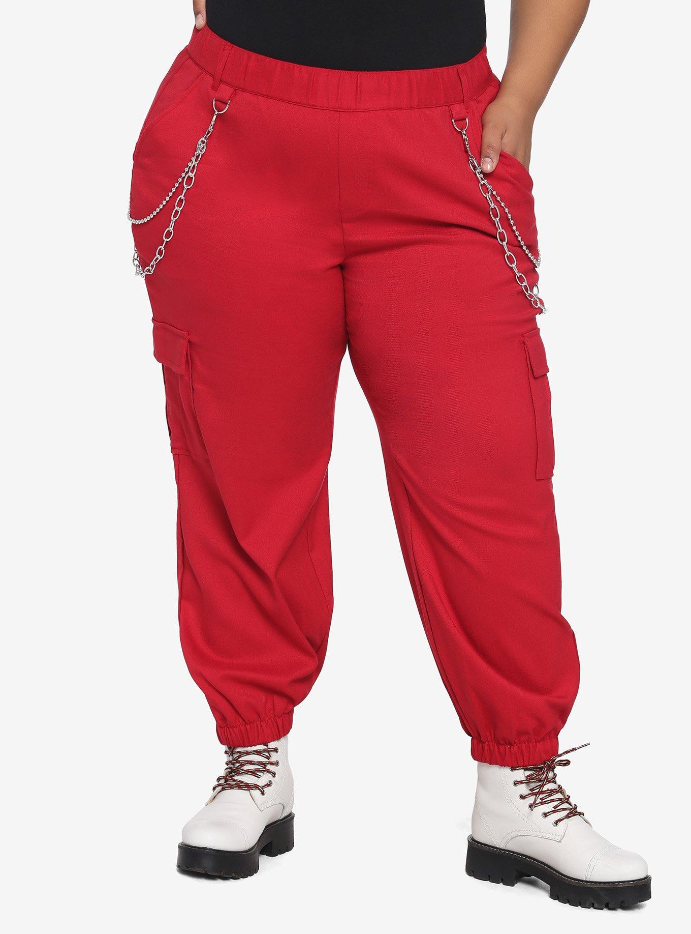 Red Chain Hardware Cargo Jogger Pants Plus Size, RED, hi-res