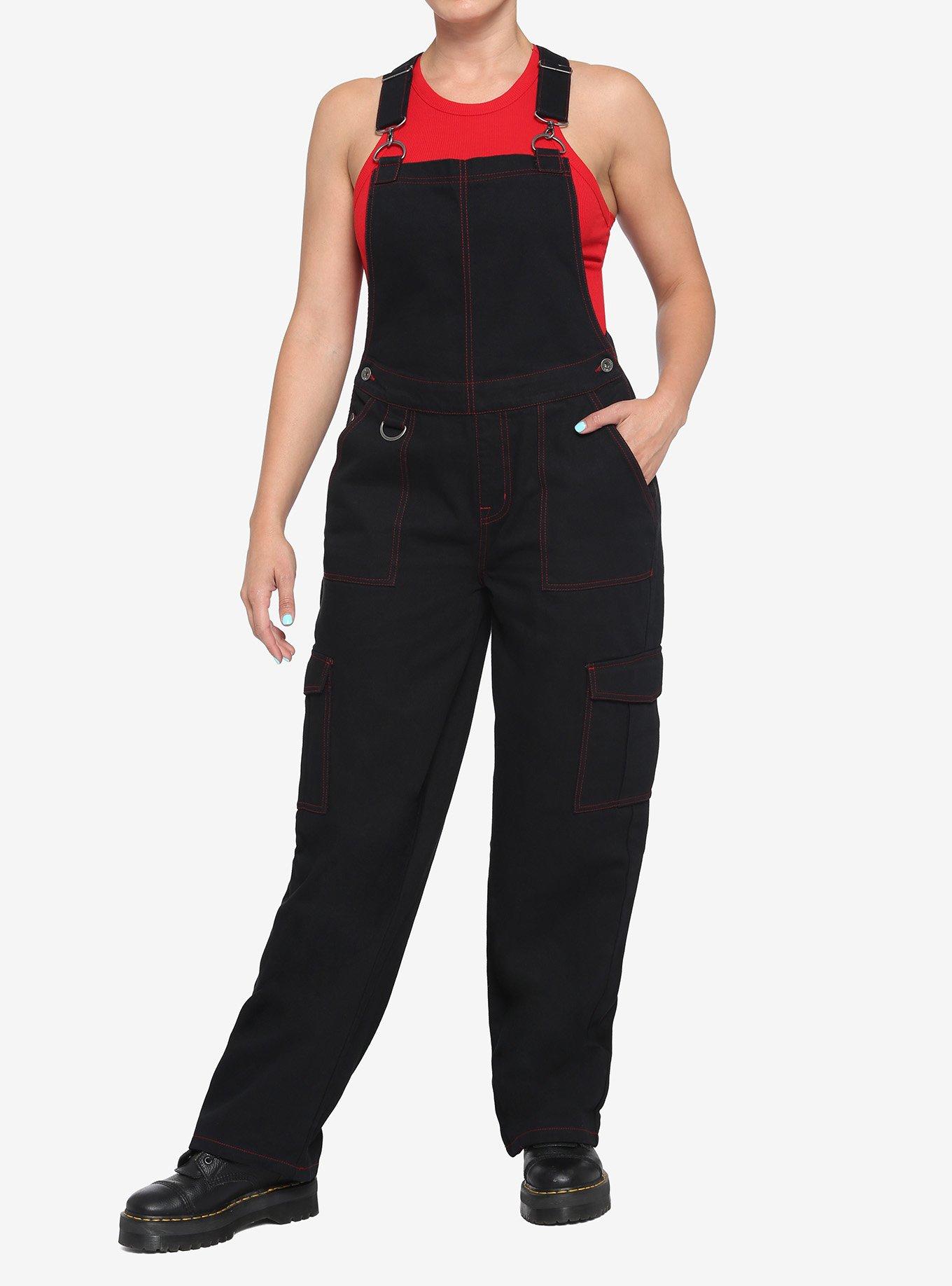 Black & Red Stitch Carpenter Overalls, , hi-res