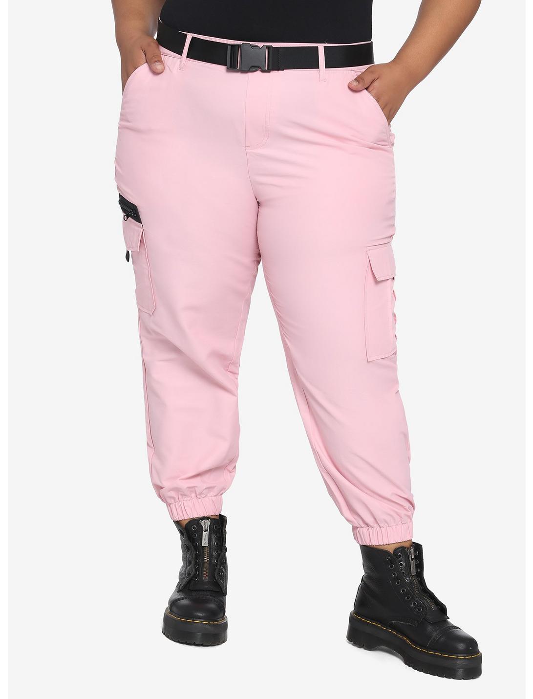 Pink With Nylon Belt Cargo Jogger Pants Plus Size, PINK, hi-res