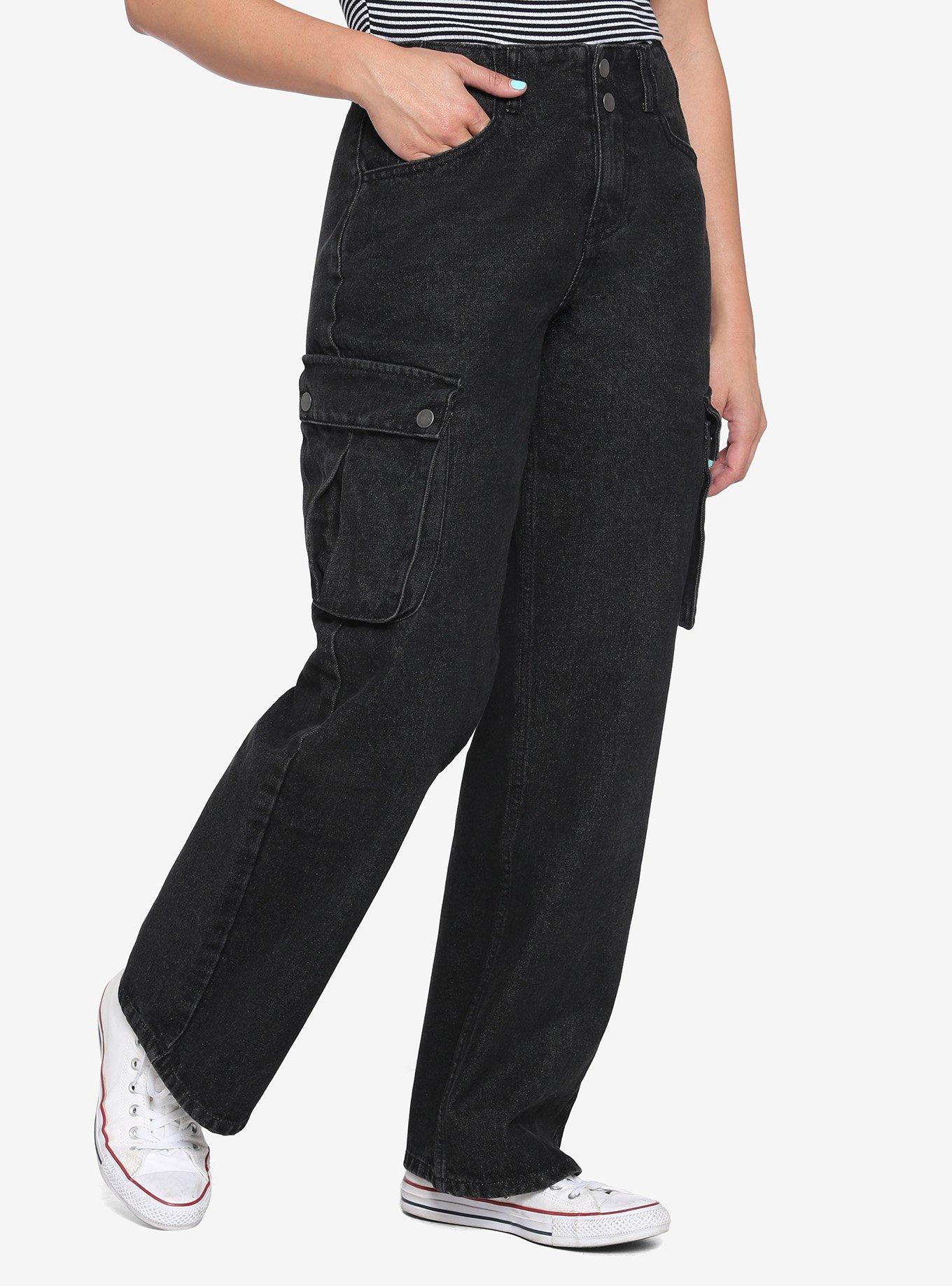 Black Straight Leg Denim Cargo Pants