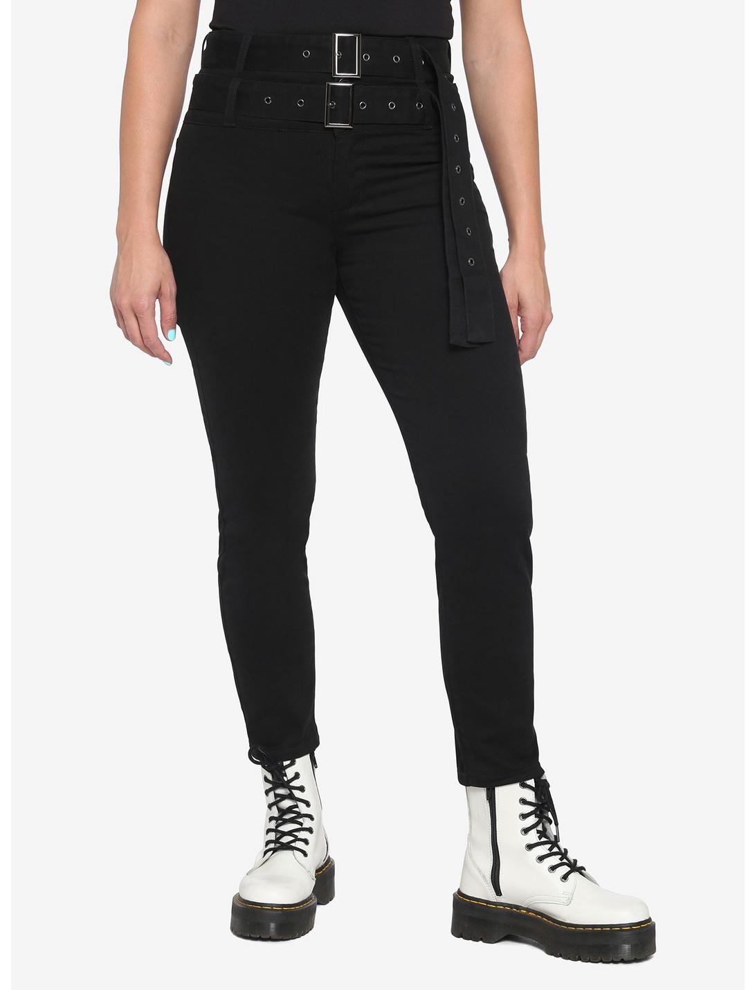 Black Double Grommet Belt Skinny Jeans, BLACK, hi-res