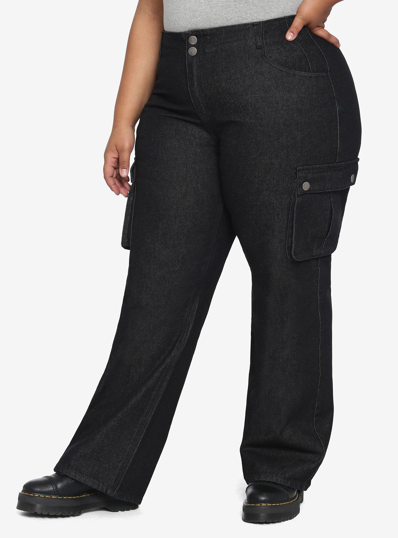 Black Straight Leg Denim Cargo Pants Plus Size, BLACK, hi-res