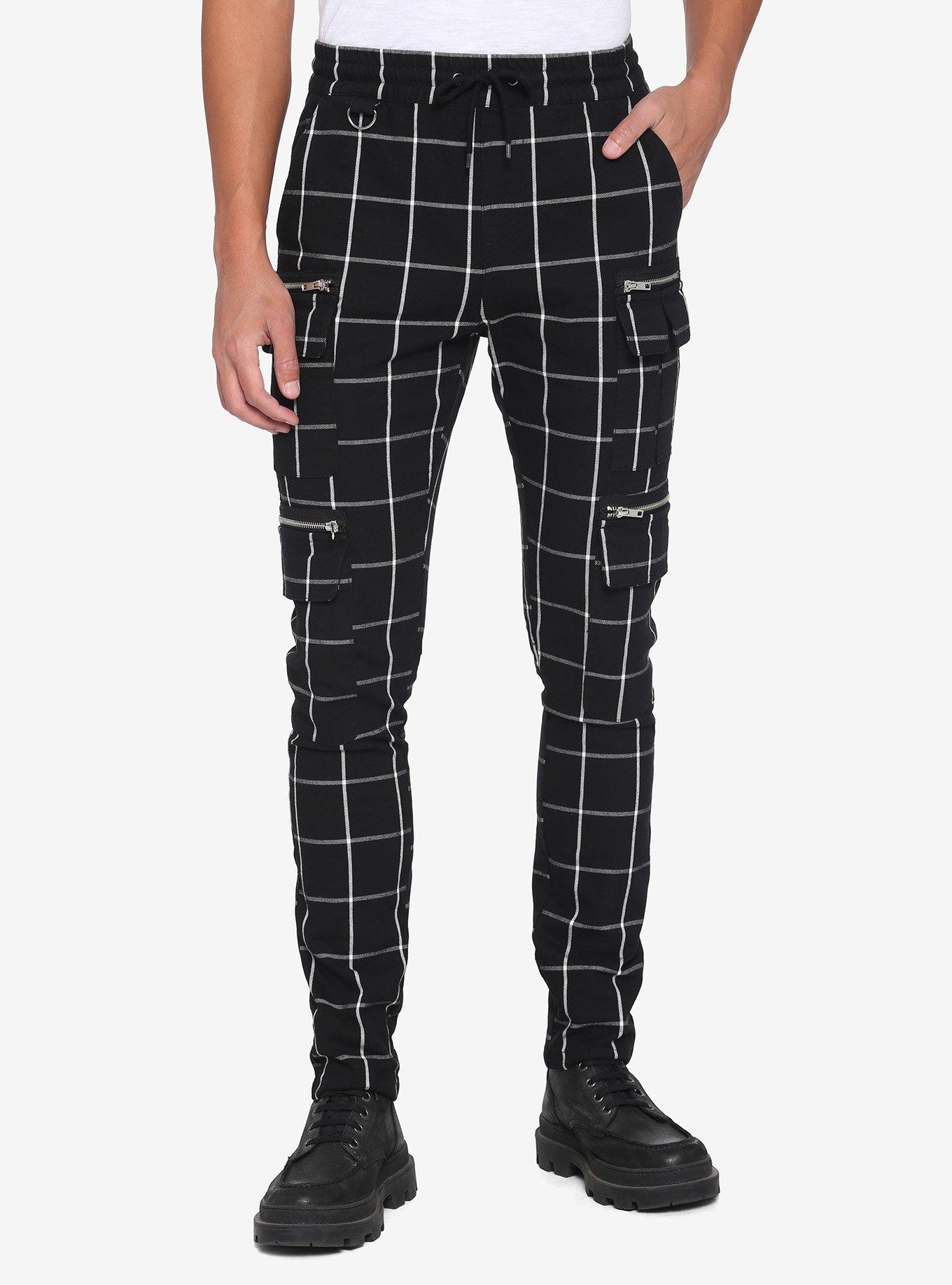 Black & White Grid Cargo Jogger Pants, BLACK, hi-res