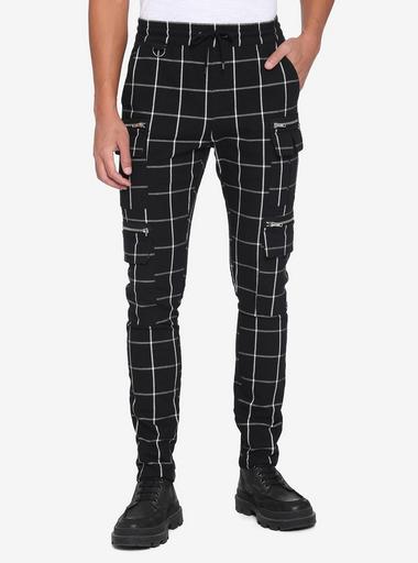 Black White Grid Cargo Jogger Pants Hot Topic