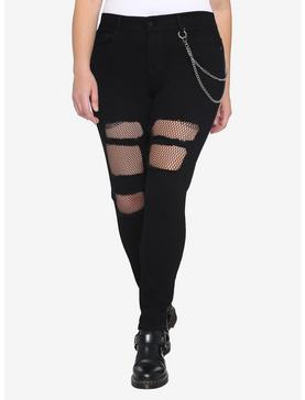 Black Fishnet Destructed Chain Jeans Plus Size, , hi-res