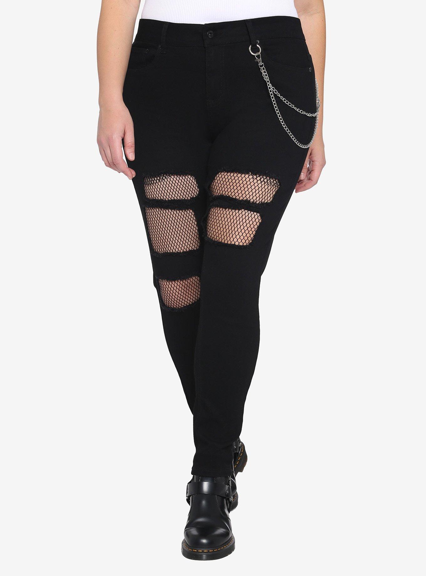 Black Fishnet Destructed Chain Jeans Plus Size, BLACK, hi-res