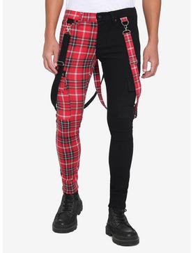 Plus Size Red Plaid Split Leg Suspender Stinger Jeans, , hi-res