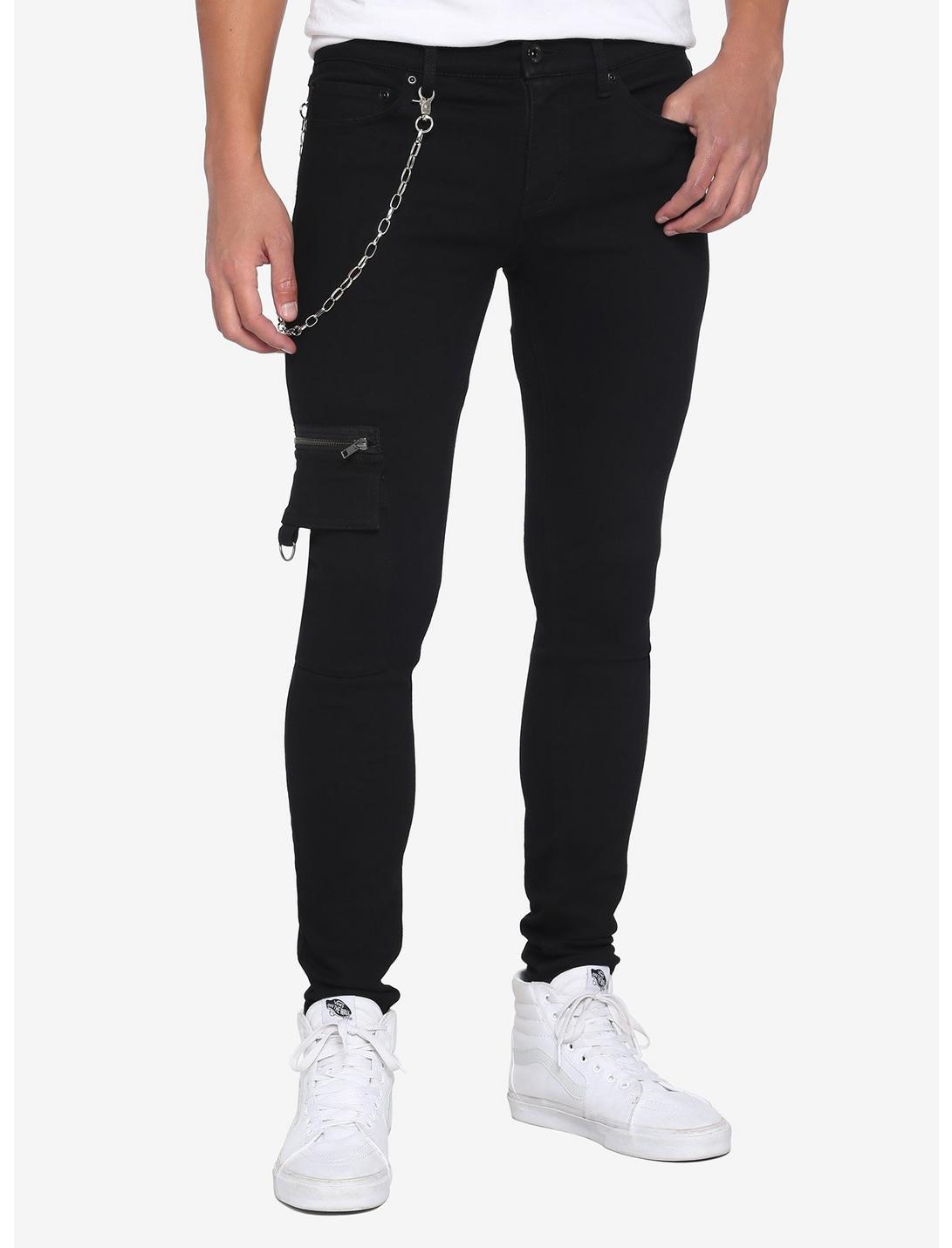 Black Cargo Stinger Jeans With Detachable Chain, BLACK, hi-res
