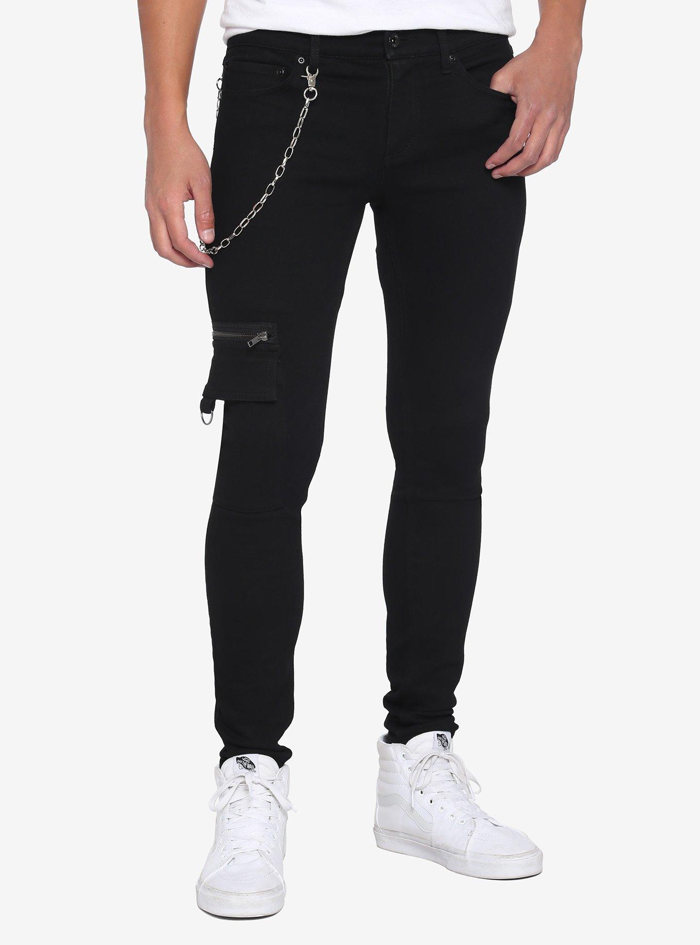 Black Cargo Stinger Jeans With Detachable Chain, BLACK, hi-res