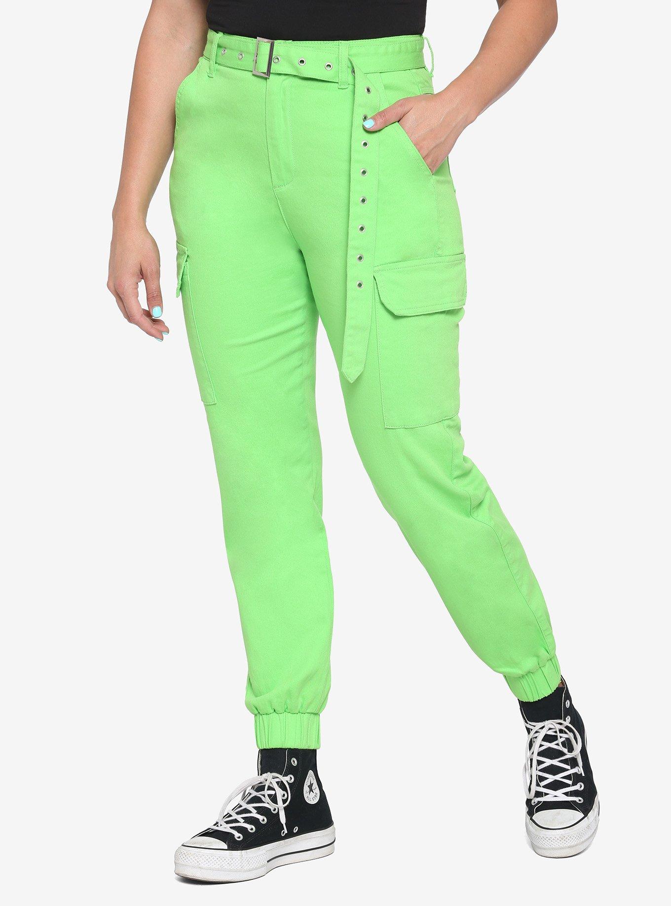 Neon Green Grommet Belt Cargo Jogger Pants, GREEN, hi-res