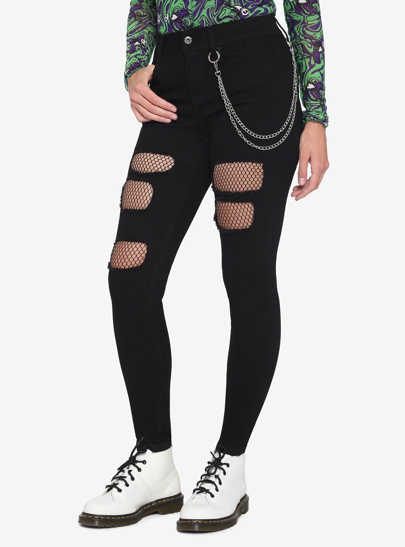 Black Fishnet Destructed Chain Skinny Jeans Plus Size