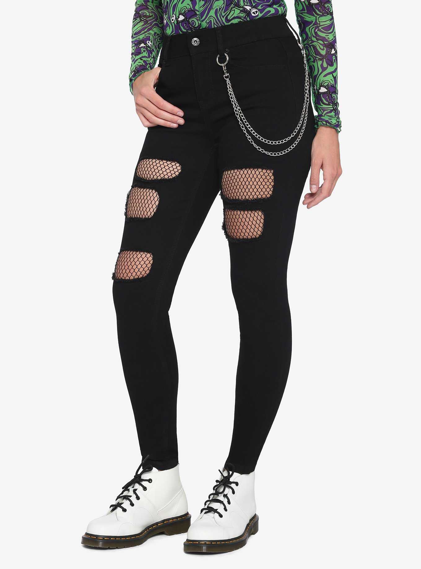 Black Fishnet Destructed Chain Jeans, , hi-res