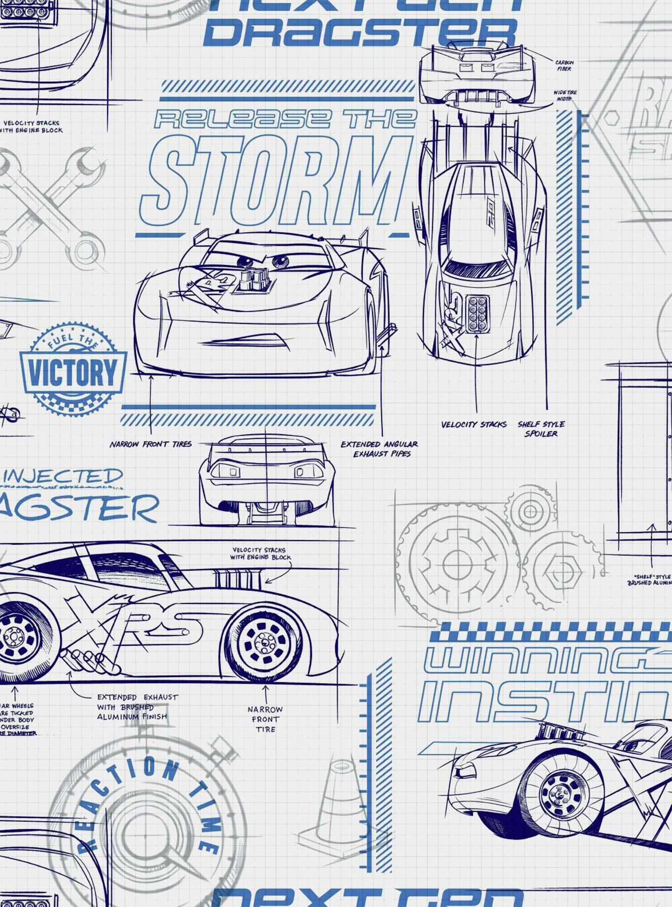 Disney Pixar Cars Blue And White Schematic Peel & Stick Wallpaper