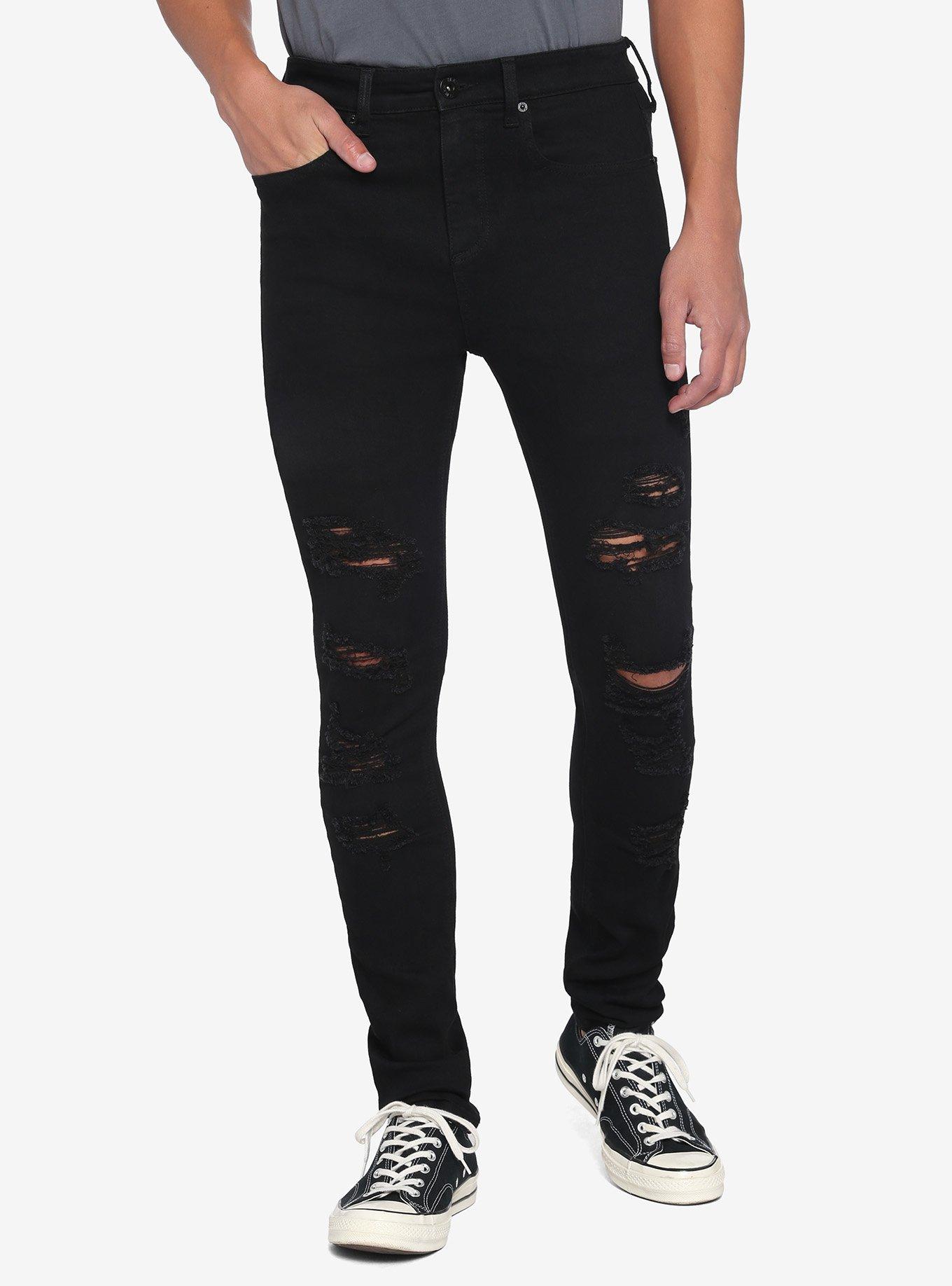 Black Destructed Skinny Jeans, BLACK, hi-res