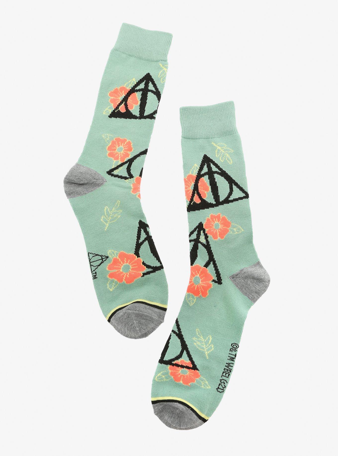 Harry Potter Deathly Hollows Pastel Floral Crew Socks - BoxLunch Exclusive, , hi-res