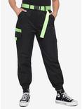 Black & Neon Green Contrast Belted Cargo Jogger Pants, BLACK, hi-res