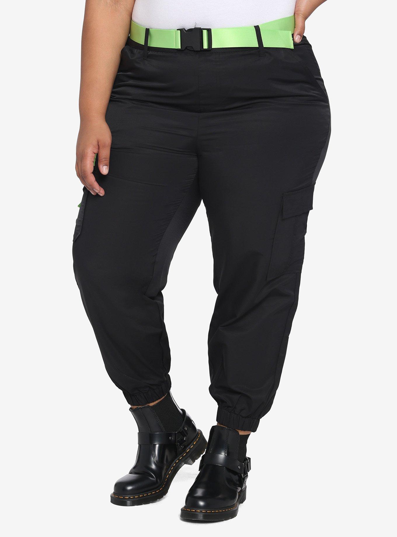 Black & Neon Green Contrast Belted Cargo Jogger Pants Plus Size