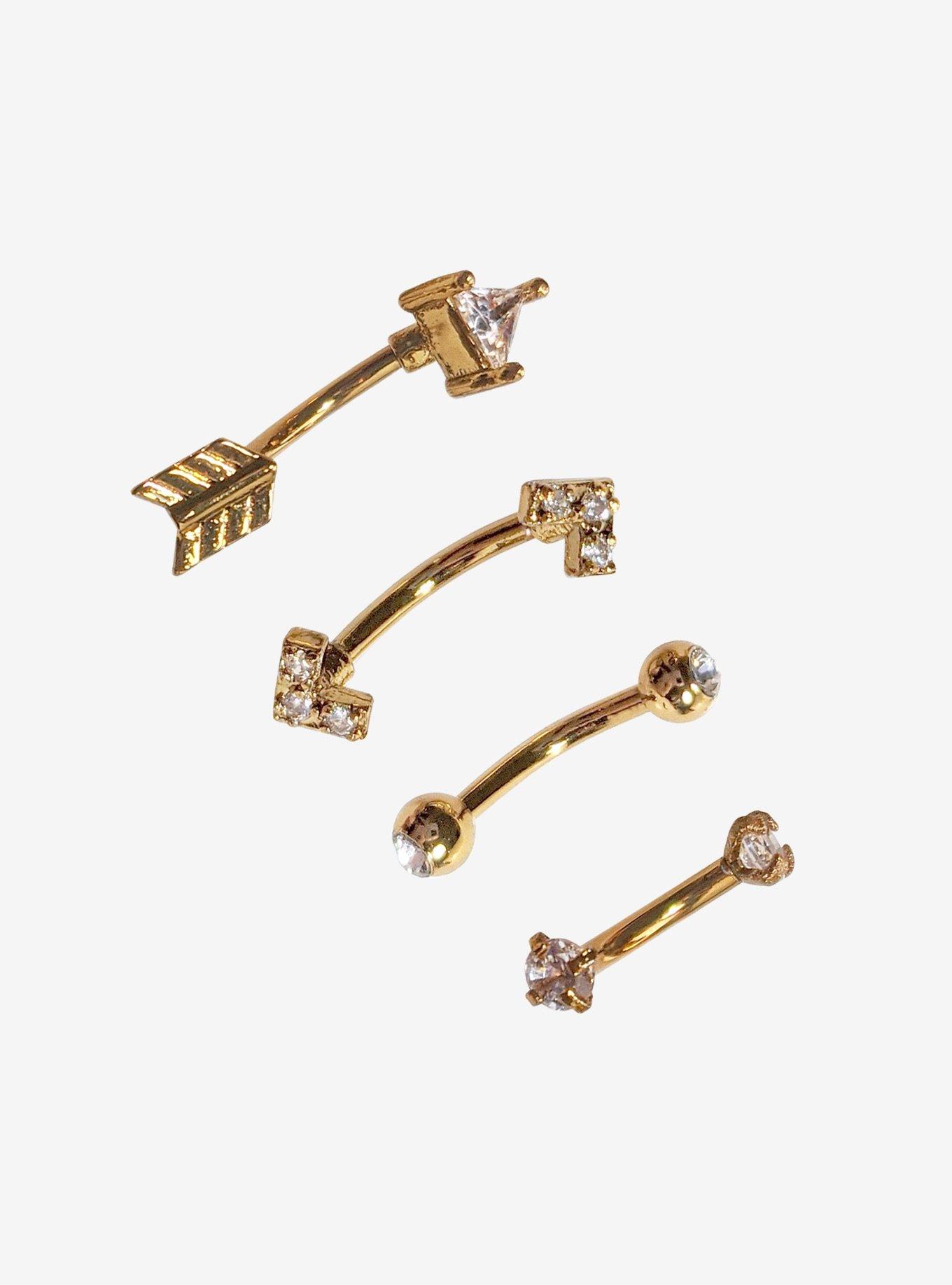 Steel Gold & CZ Eyebrow Barbell 4 Pack, GOLD, hi-res