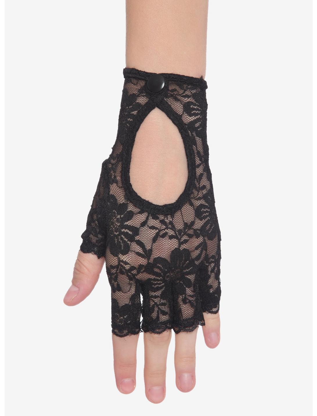 Black Lace Button Fingerless Gloves, , hi-res