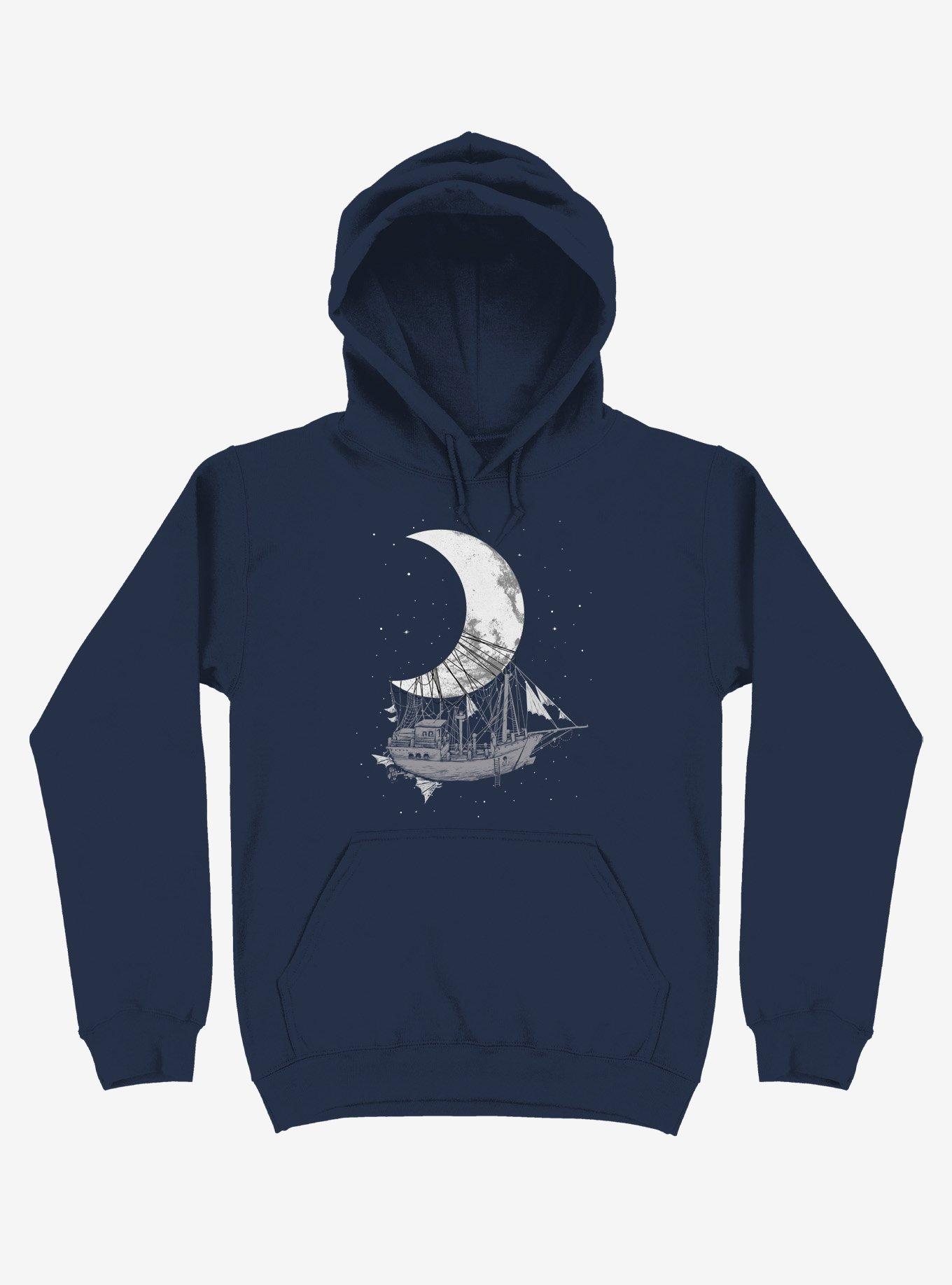 Ship Capturing Moon Navy Blue Hoodie, , hi-res