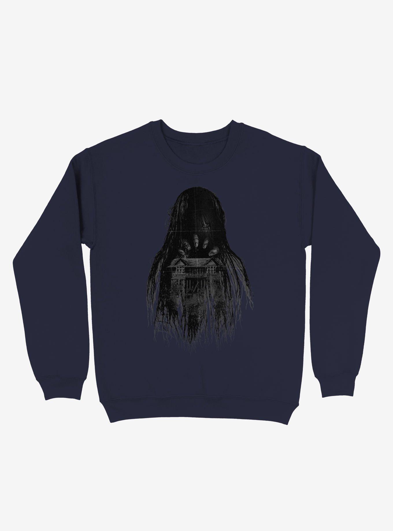 Long Horror Haunted House Hair Navy Blue Sweatshirt, , hi-res