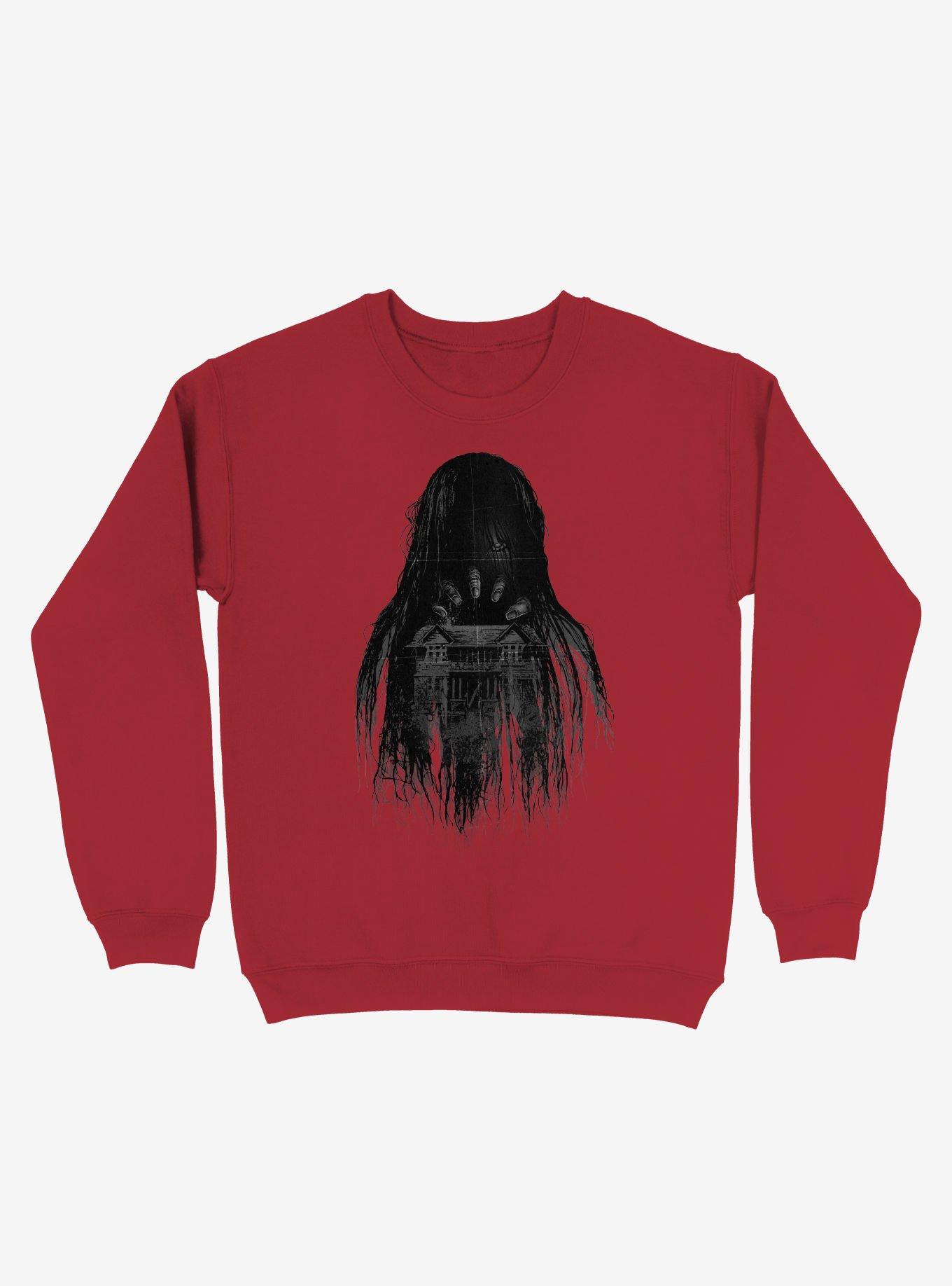Long Horror Haunted House Hair Red Sweatshirt, RED, hi-res