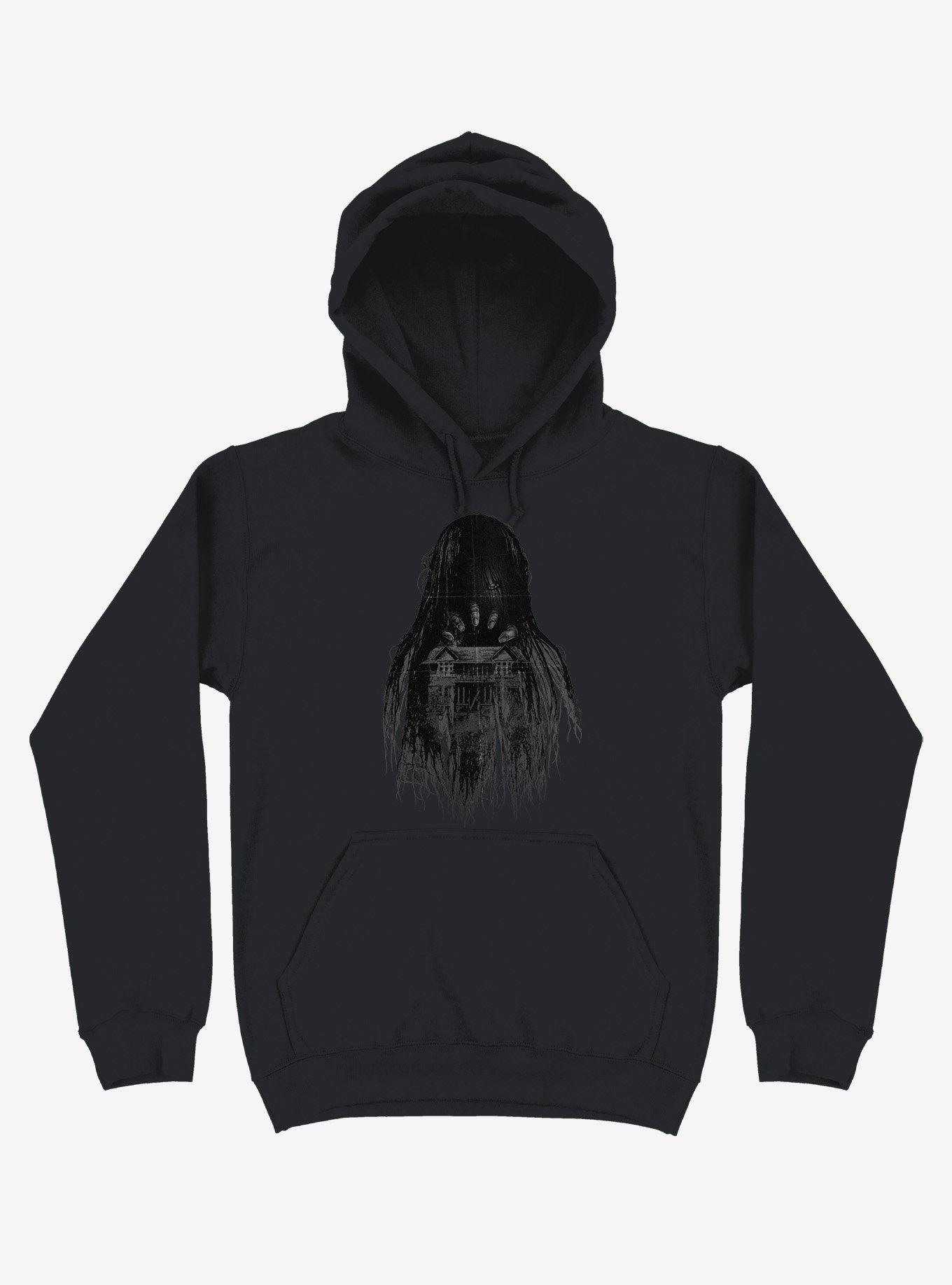 Long Horror Haunted House Hair Black Hoodie, BLACK, hi-res