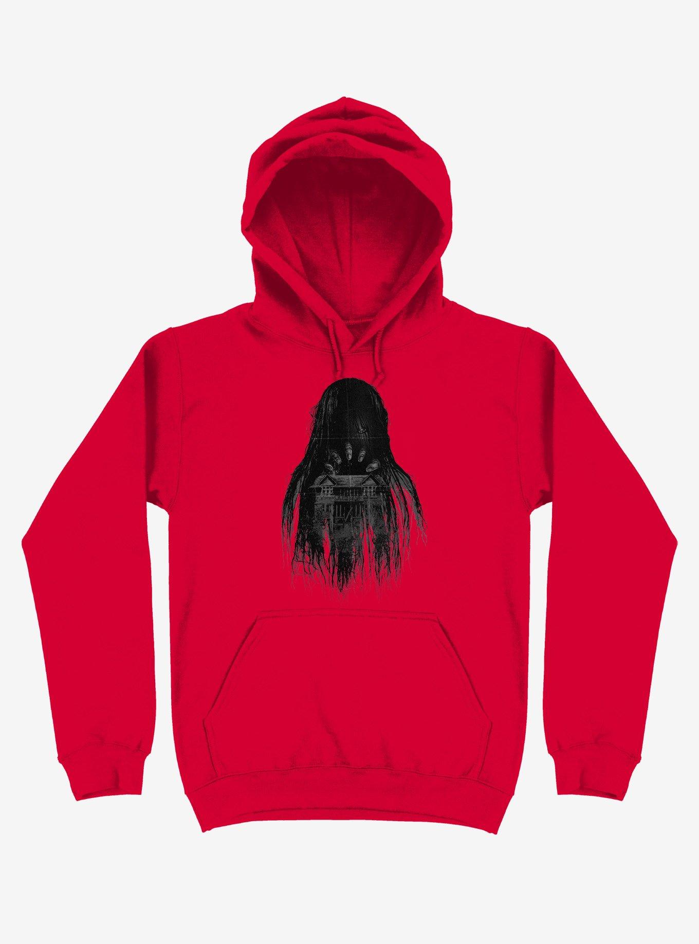 Long Horror Haunted House Hair Red Hoodie, RED, hi-res