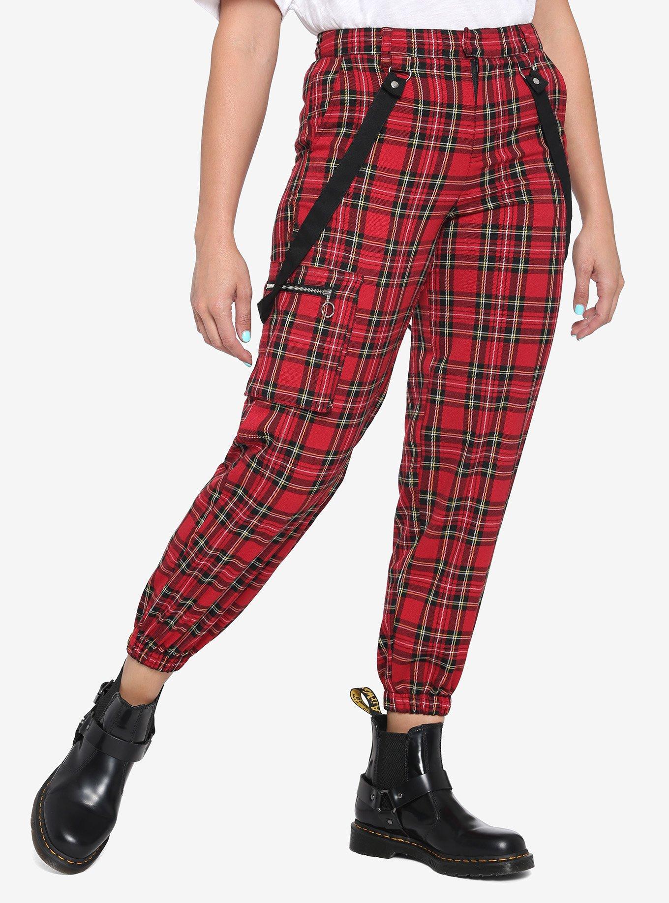 Red Plaid Suspender Jogger Pants Hot Topic