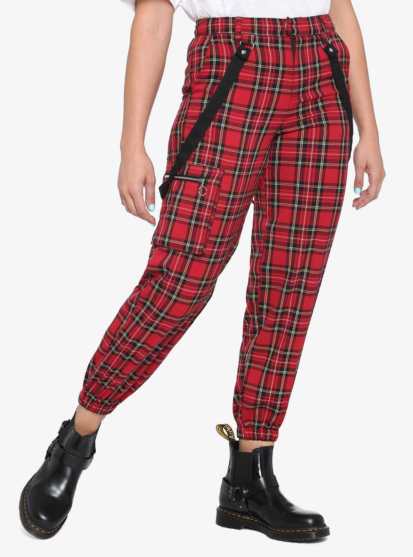 Red Plaid Suspender Jogger Pants, , hi-res