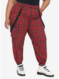 Red Plaid Suspender Jogger Pants Plus Size, PLAID, hi-res